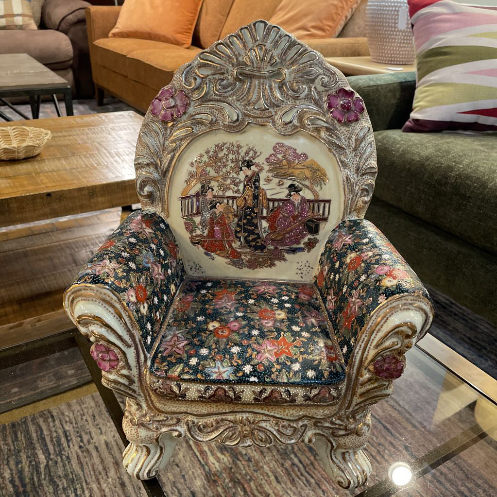 Chinese Ornate / Gold Embellished Ceramic Miniature Chair & Table (BOTH Included)