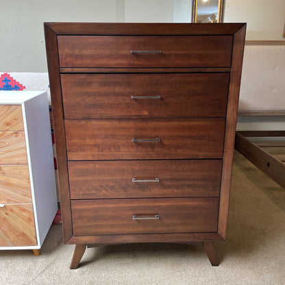 Walnut Veneer 5 Drawer Highboy Modern Dresser