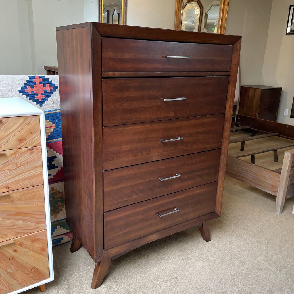 Walnut Veneer 5 Drawer Highboy Modern Dresser