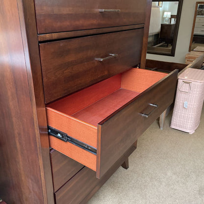 Walnut Veneer 5 Drawer Highboy Modern Dresser