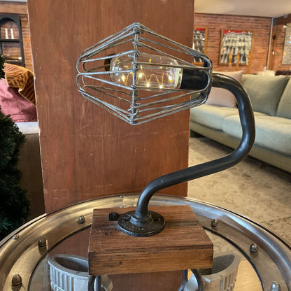 Idustrial Wood Slab Mounted Cage Light with "Kim Labs" Name