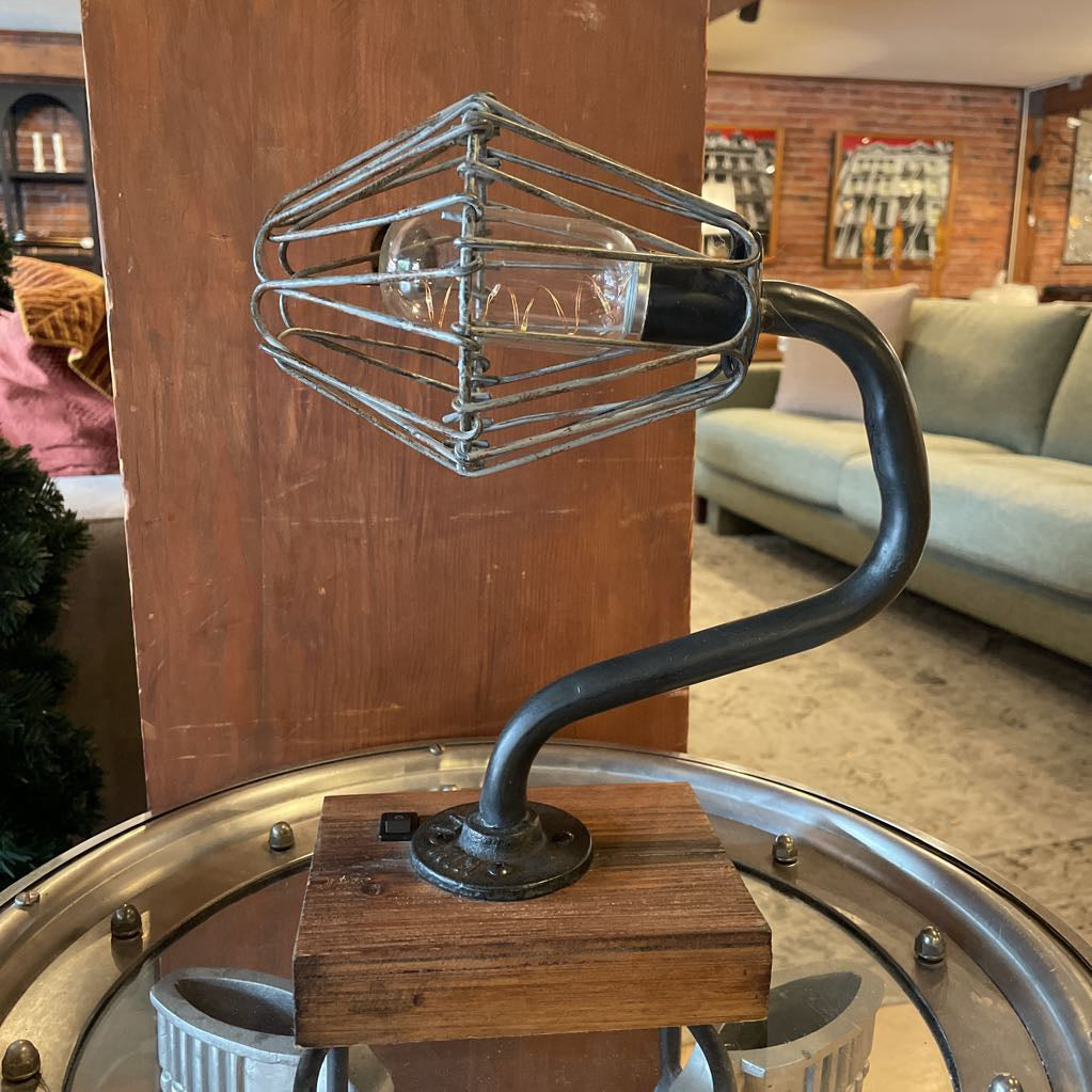 Idustrial Wood Slab Mounted Cage Light with "Kim Labs" Name