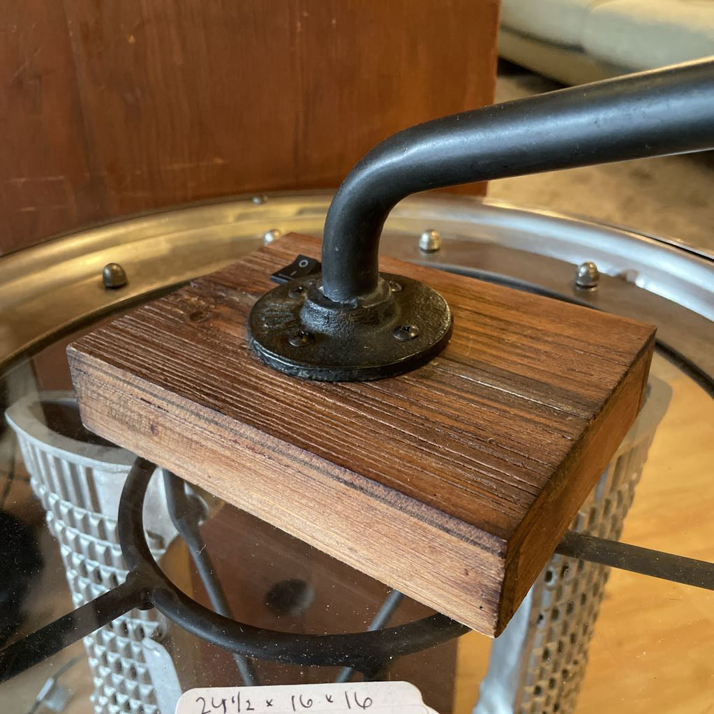 Idustrial Wood Slab Mounted Cage Light with "Kim Labs" Name