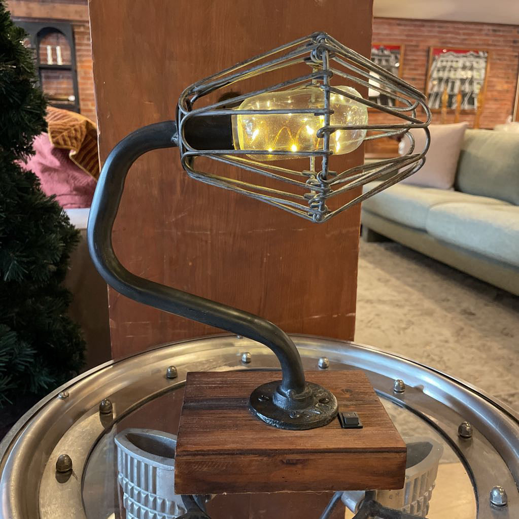 Idustrial Wood Slab Mounted Cage Light with "Kim Labs" Name