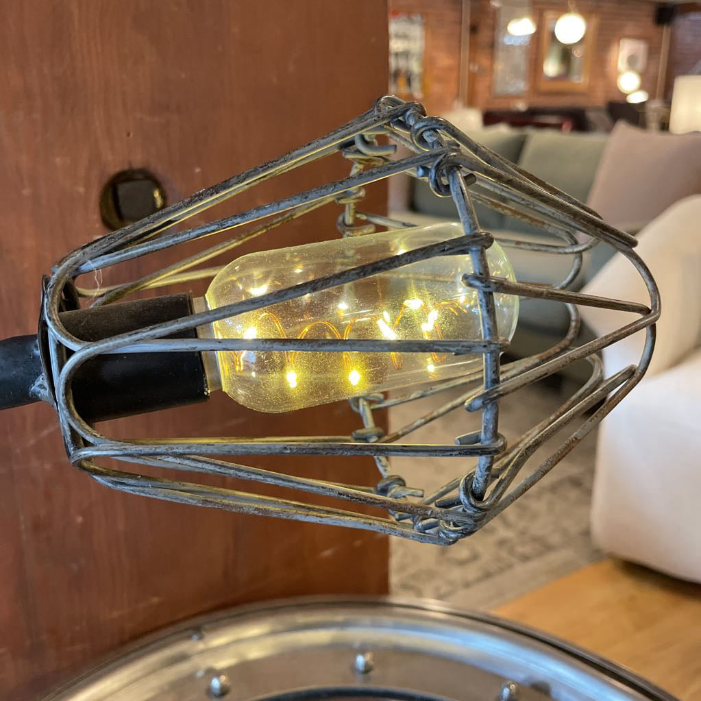 Idustrial Wood Slab Mounted Cage Light with "Kim Labs" Name