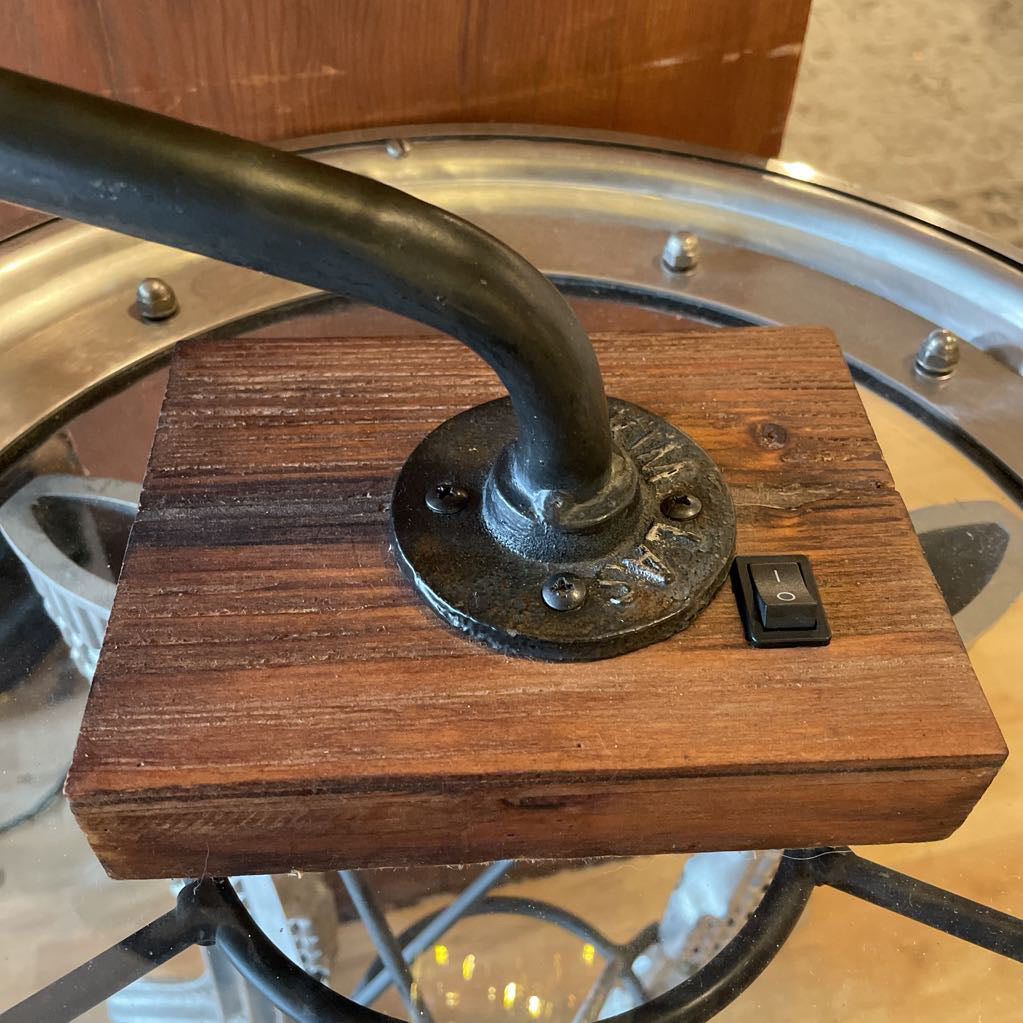 Idustrial Wood Slab Mounted Cage Light with "Kim Labs" Name