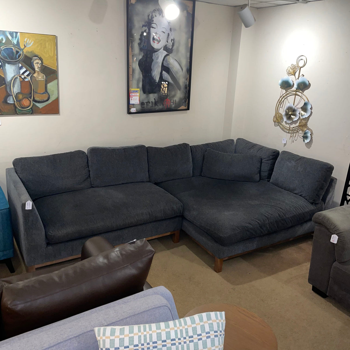 Dark Grey Deep Sectional w/ Wide Chaise U SECTIONALS RAF