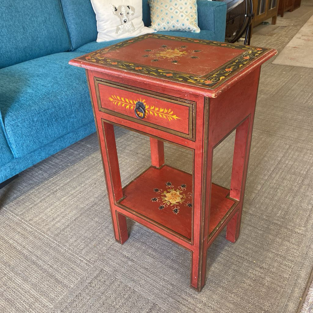 Red Floral Motif One Drawer Nightstand (AS IS)