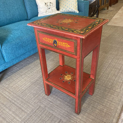 Red Floral Motif One Drawer Nightstand (AS IS)