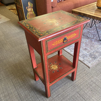 Red Floral Motif One Drawer Nightstand (AS IS)