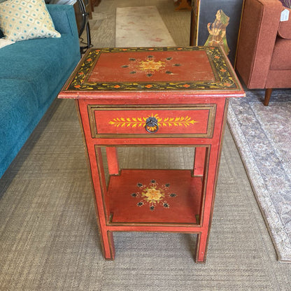 Red Floral Motif One Drawer Nightstand (AS IS)