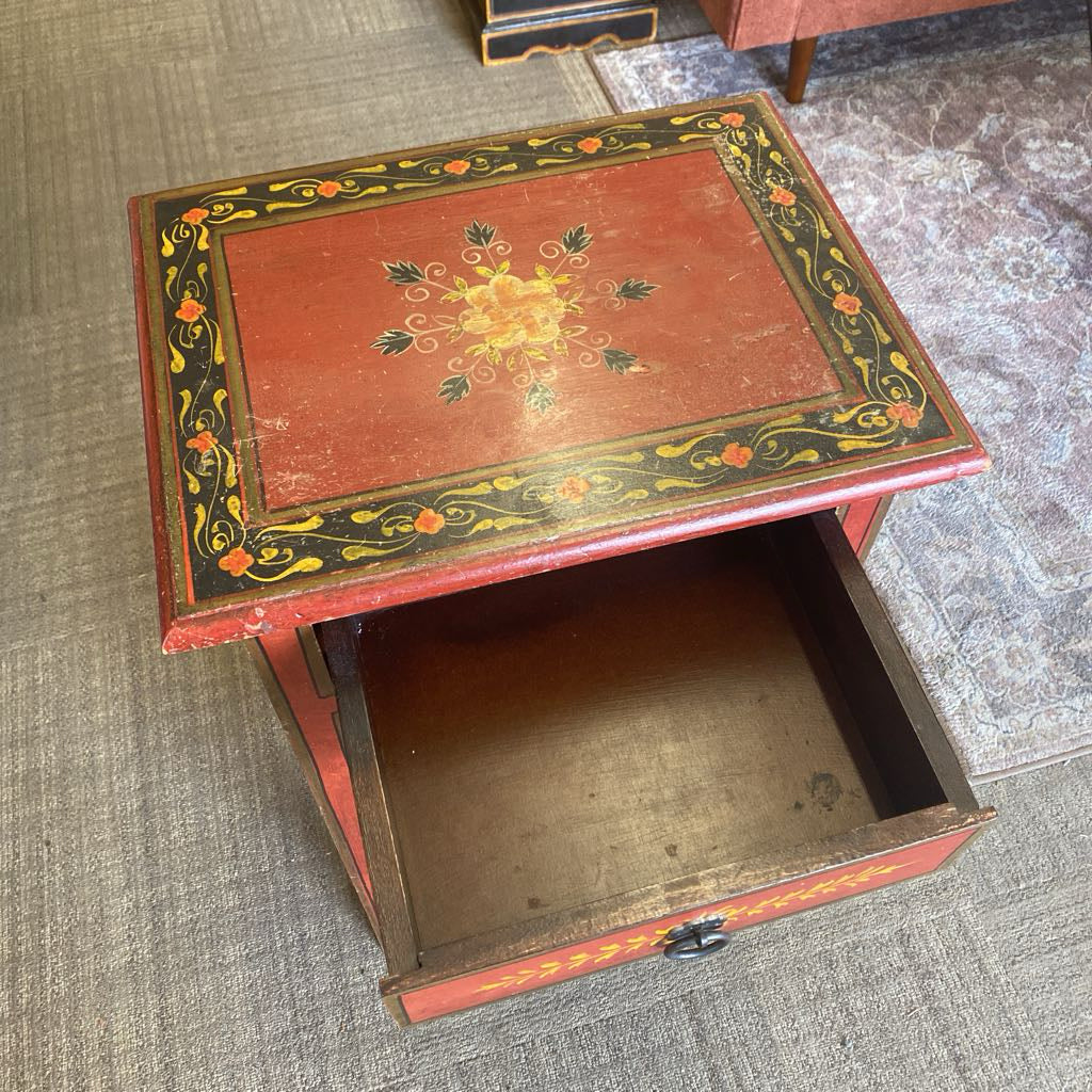 Red Floral Motif One Drawer Nightstand (AS IS)