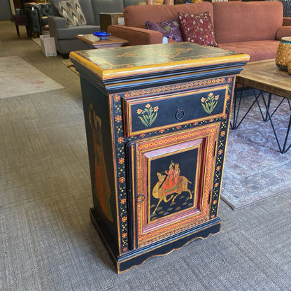 Camel Riders Floral Motif One Drawer One Door Black Nightstand