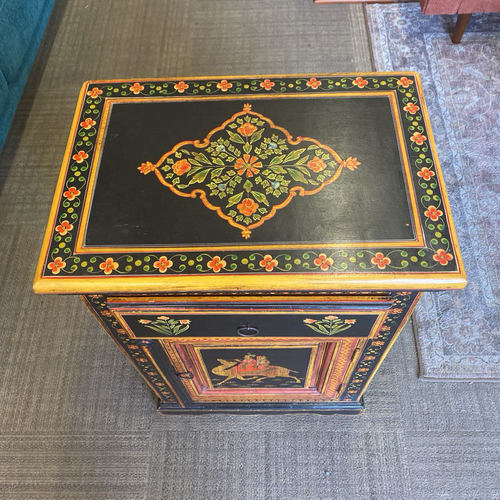 Camel Riders Floral Motif One Drawer One Door Black Nightstand