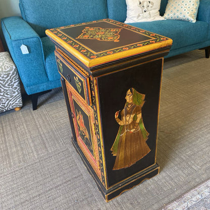 Camel Riders Floral Motif One Drawer One Door Black Nightstand