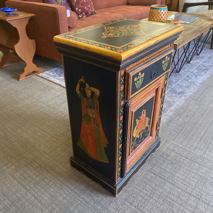 Camel Riders Floral Motif One Drawer One Door Black Nightstand