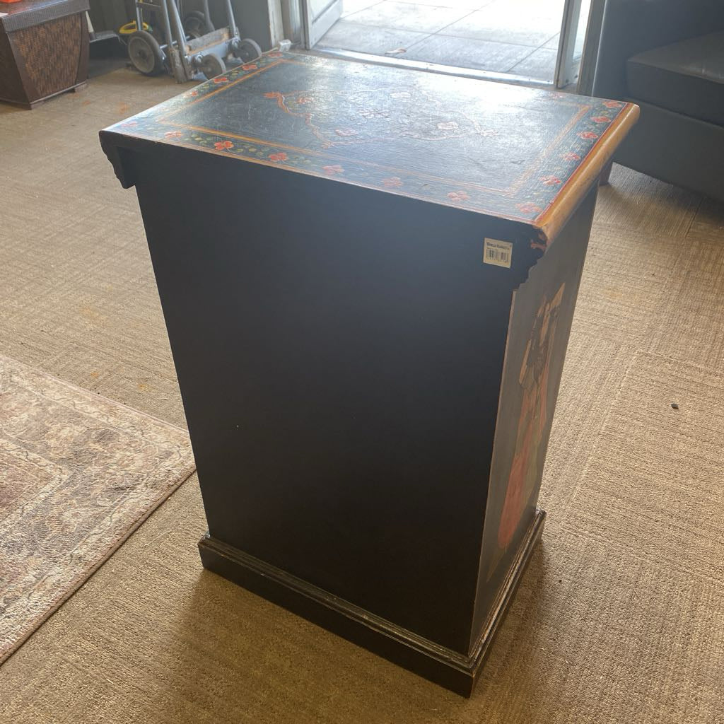 Camel Riders Floral Motif One Drawer One Door Black Nightstand
