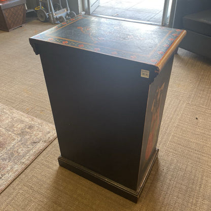 Camel Riders Floral Motif One Drawer One Door Black Nightstand