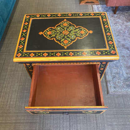 Camel Riders Floral Motif One Drawer One Door Black Nightstand