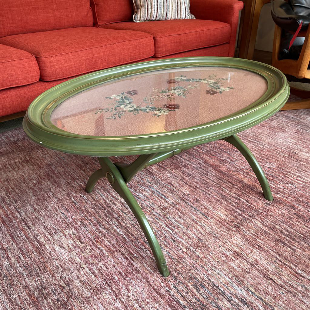 Needlepoint Green Oval Coffee Table