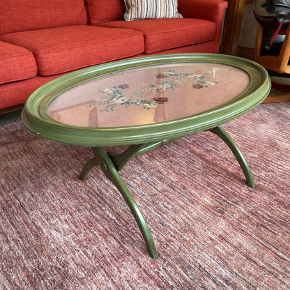 Needlepoint Green Oval Coffee Table