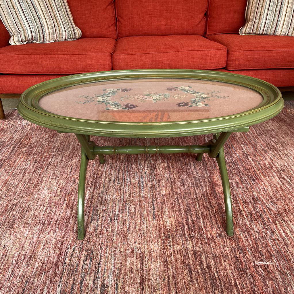 Needlepoint Green Oval Coffee Table