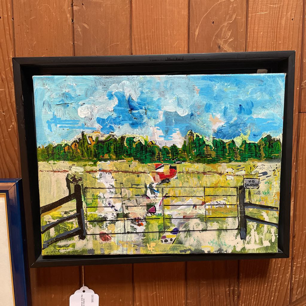 Sunny Meadow with Fence and No Hunting Sign Art--Lopez Island Artist ART