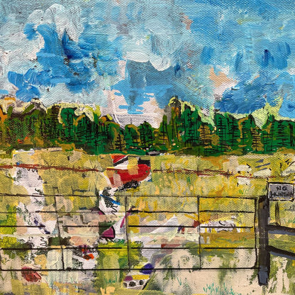 Sunny Meadow with Fence and No Hunting Sign Art--Lopez Island Artist ART