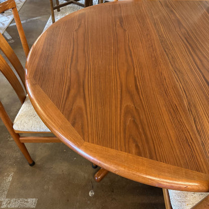 Teak Expanding Table w/ 2 Leaves and 6 Cream Upholstered Chairs