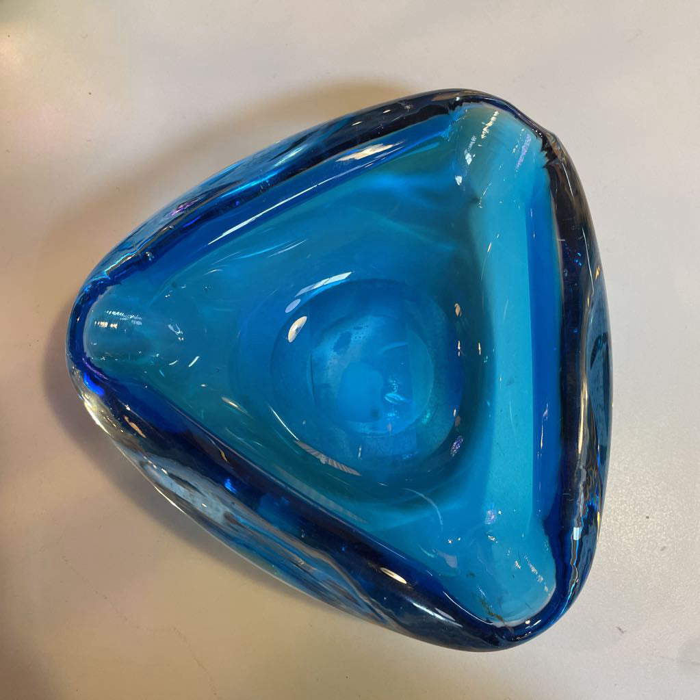 Triangular Blue MC Glass Ashtray UNIQUE FINDS