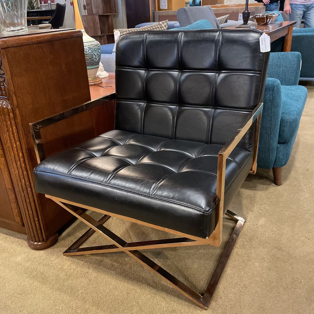 Comtempotaty Rose Chrome Frame Black Tufted Leather Accent Chair