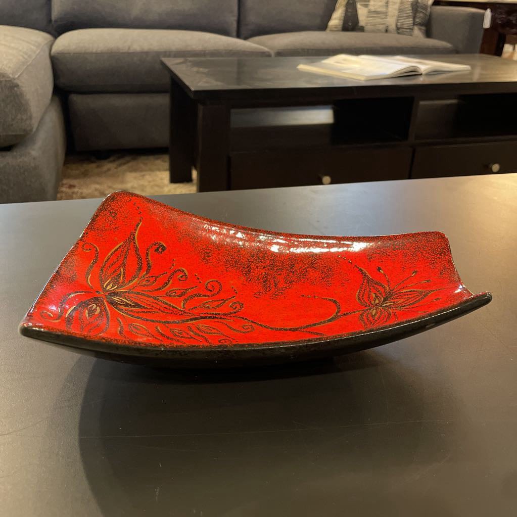 MC Red with Floral Design Pottery Tray UNIQUE FINDS