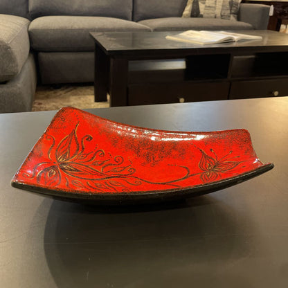MC Red with Floral Design Pottery Tray UNIQUE FINDS