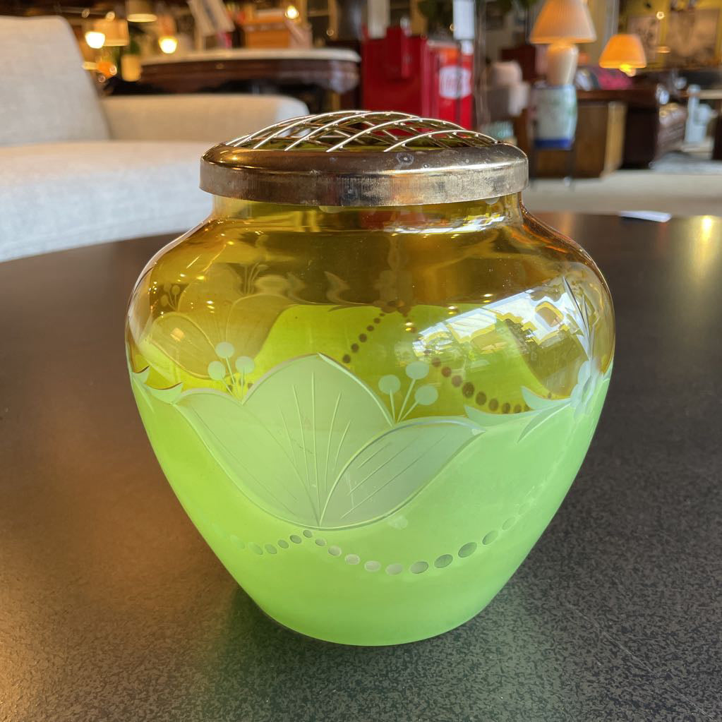 Vint. Green & Amber Etched Vase w/ Brass "Frog" Top