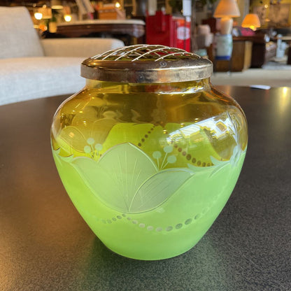 Vint. Green & Amber Etched Vase w/ Brass "Frog" Top