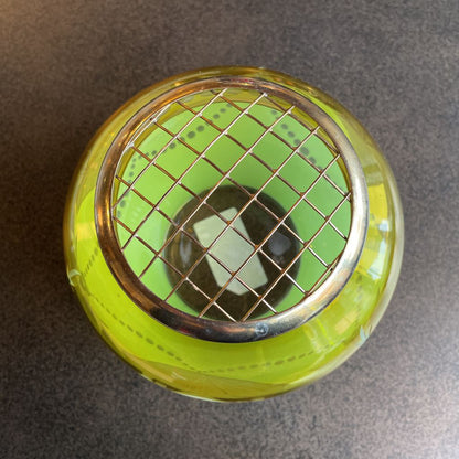 Vint. Green & Amber Etched Vase w/ Brass "Frog" Top