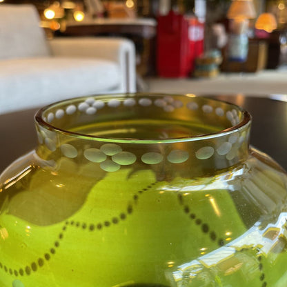 Vint. Green & Amber Etched Vase w/ Brass "Frog" Top