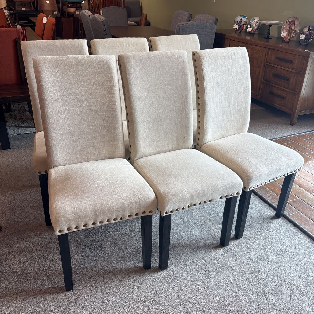Set of 6 Silver Nailhead Cream Dining Chairs
