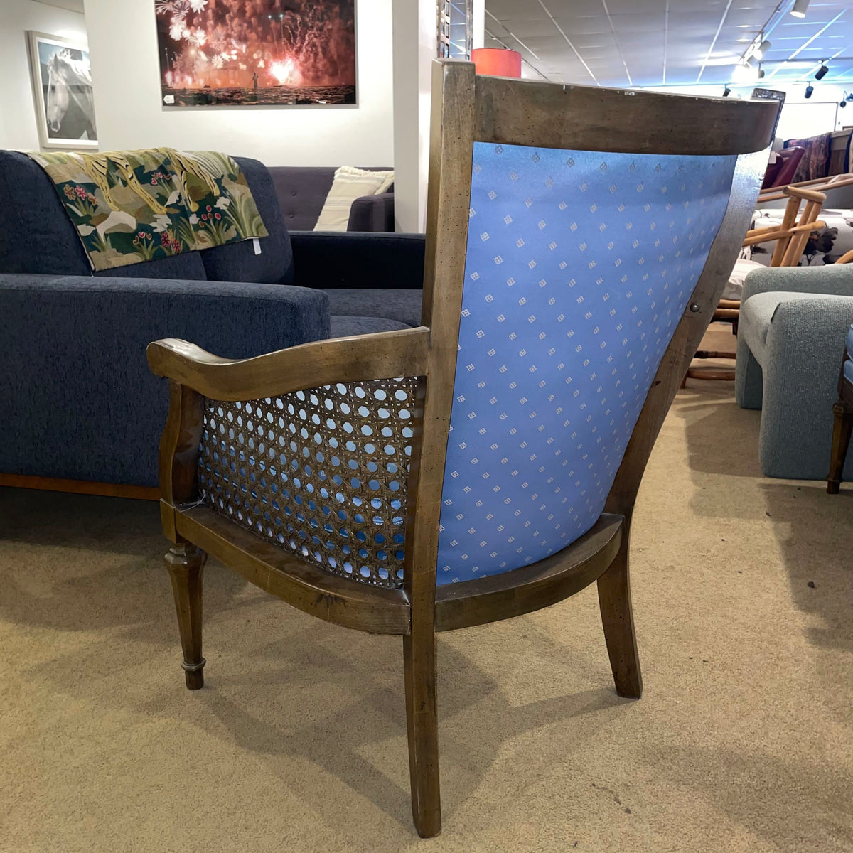 MCM Blue Brocade Button Back Arm Chair with Cane Sides U ACCENT CHAIRS