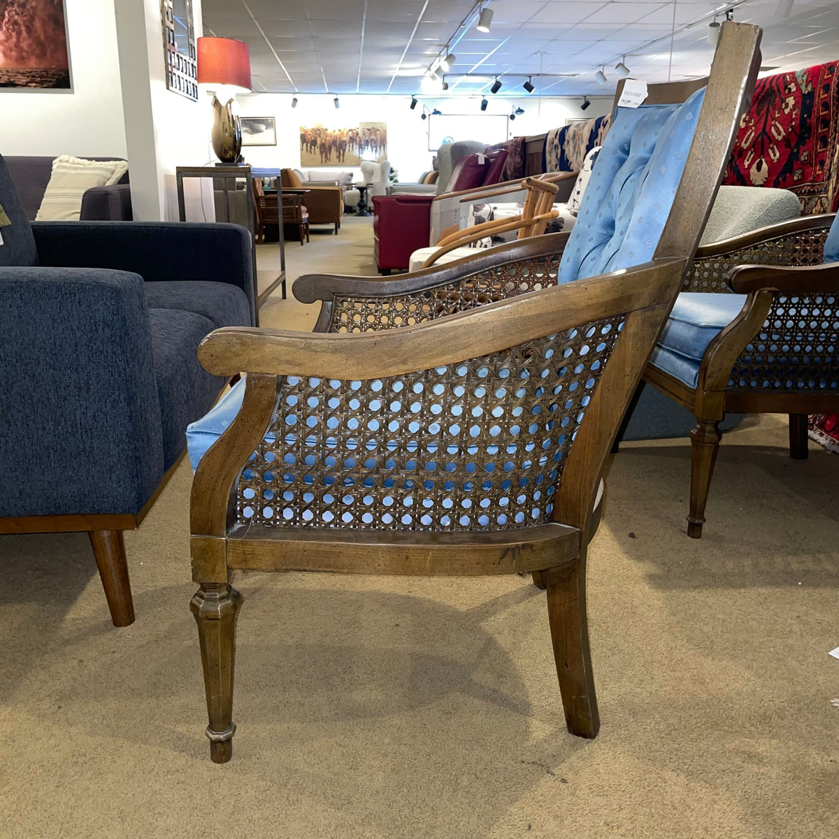 MCM Blue Brocade Button Back Arm Chair with Cane Sides U ACCENT CHAIRS