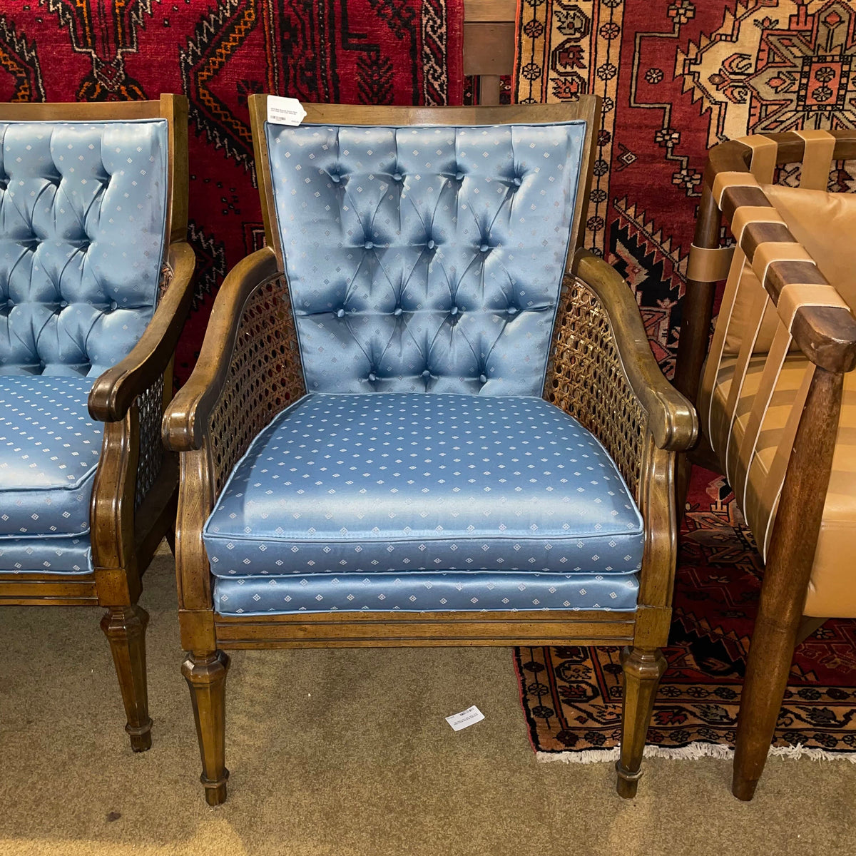 MCM Blue Brocade Button Back Arm Chair with Cane Sides U ACCENT CHAIRS