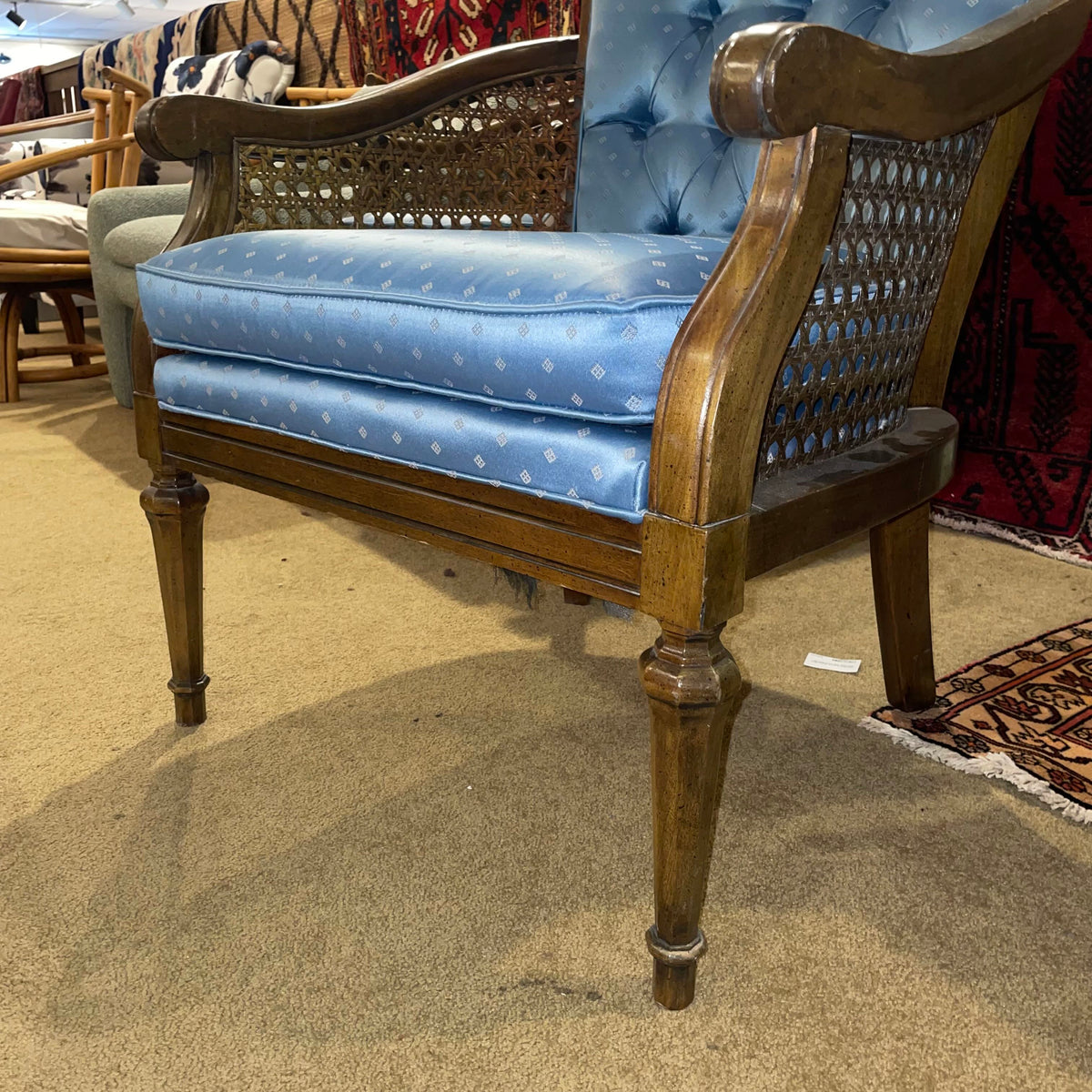 MCM Blue Brocade Button Back Arm Chair with Cane Sides U ACCENT CHAIRS