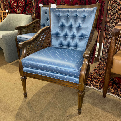 MCM Blue Brocade Button Back Arm Chair with Cane Sides U ACCENT CHAIRS