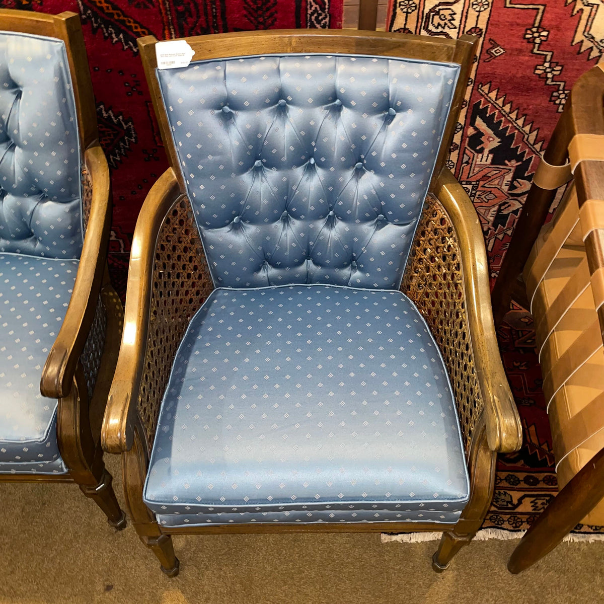 MCM Blue Brocade Button Back Arm Chair with Cane Sides U ACCENT CHAIRS