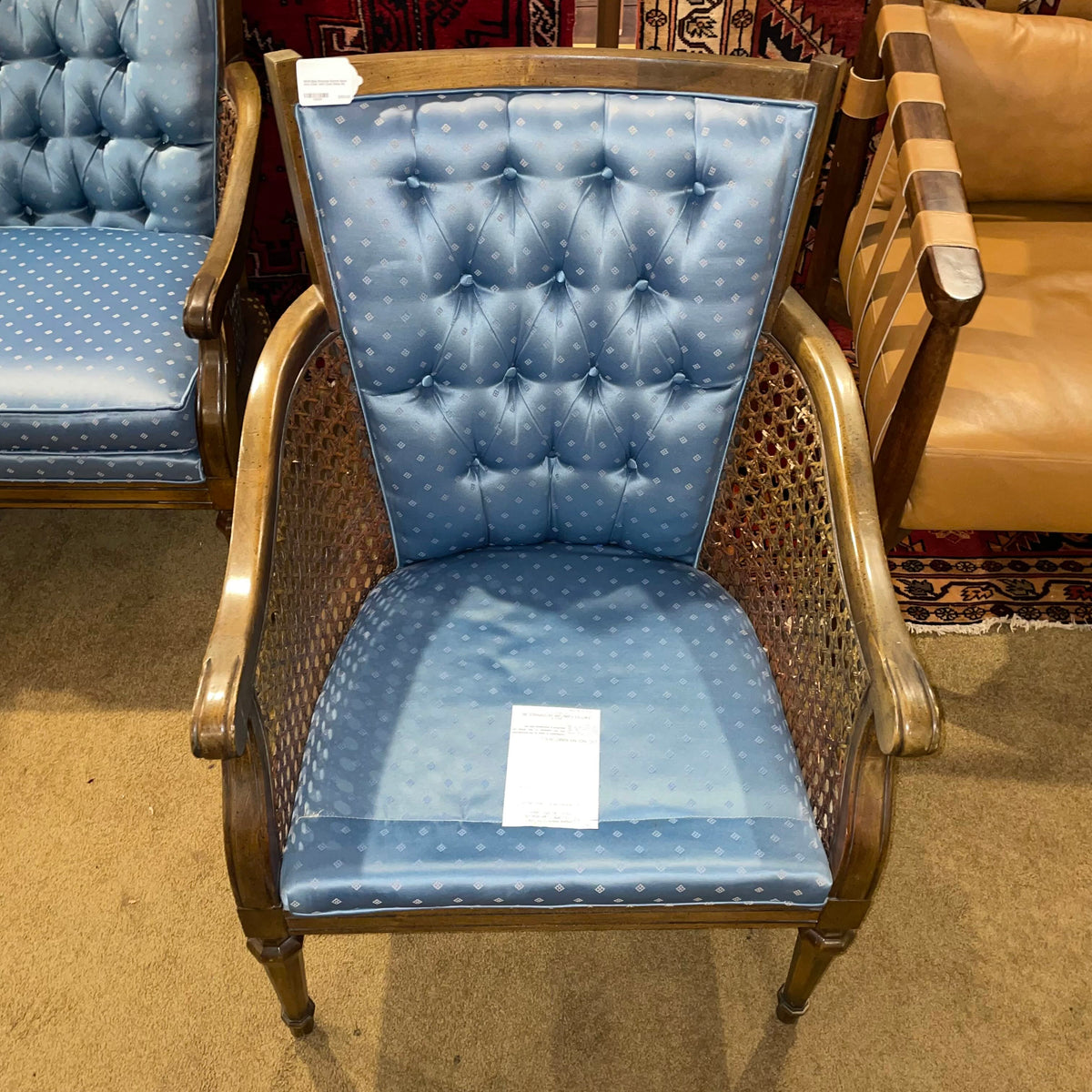 MCM Blue Brocade Button Back Arm Chair with Cane Sides U ACCENT CHAIRS