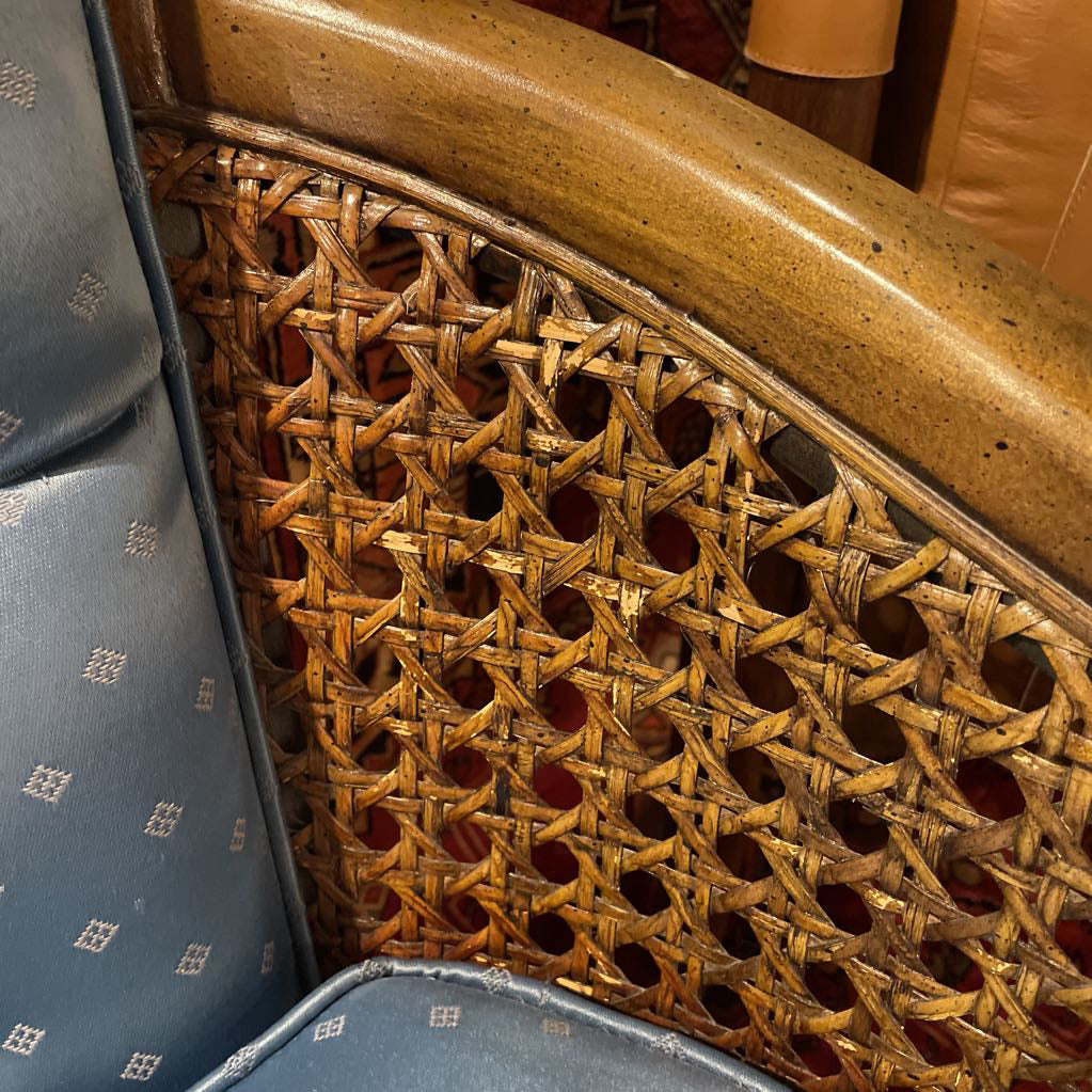 MCM Blue Brocade Button Back Arm Chair with Cane Sides U ACCENT CHAIRS