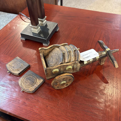 Vintage Wooden Wagon w/ Coaster Set SMALLS