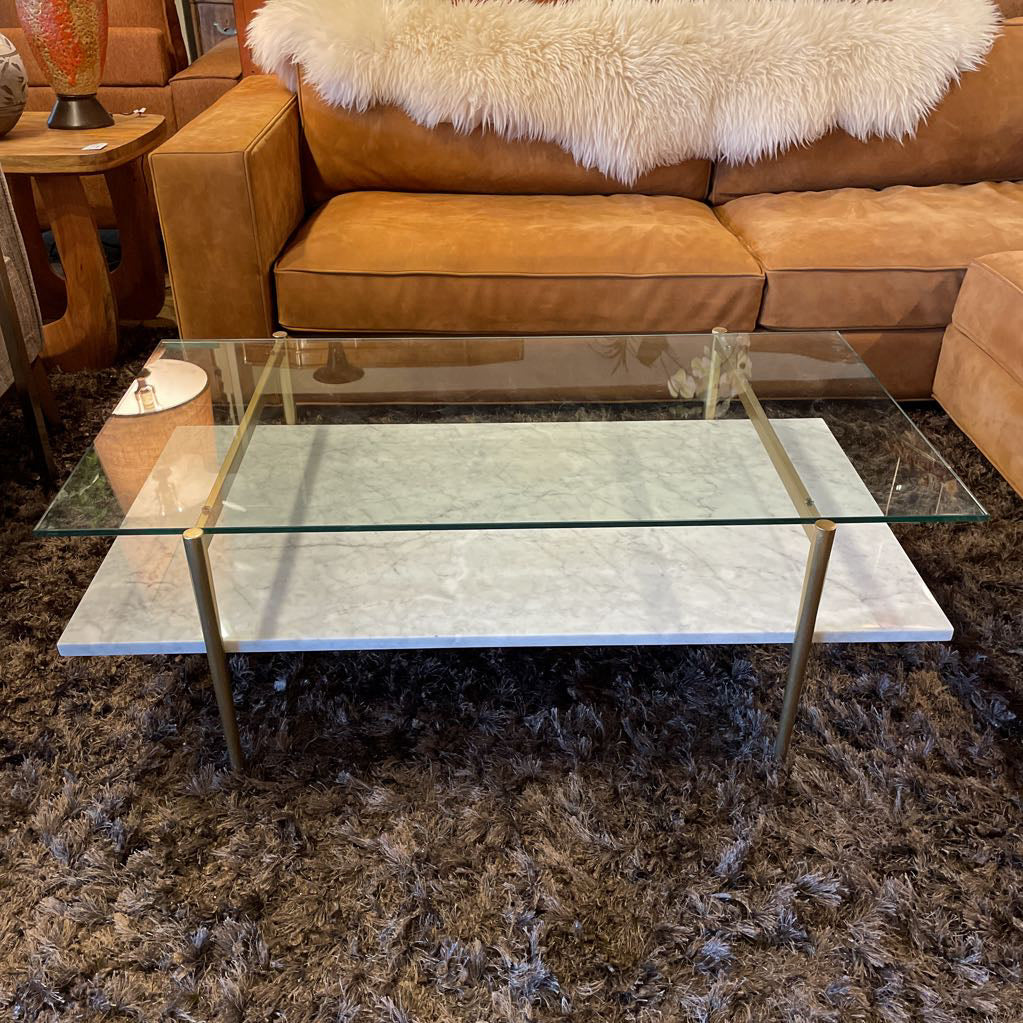 West Elm Golden Frame 2 Tier Glass & Marble Coffee Table
