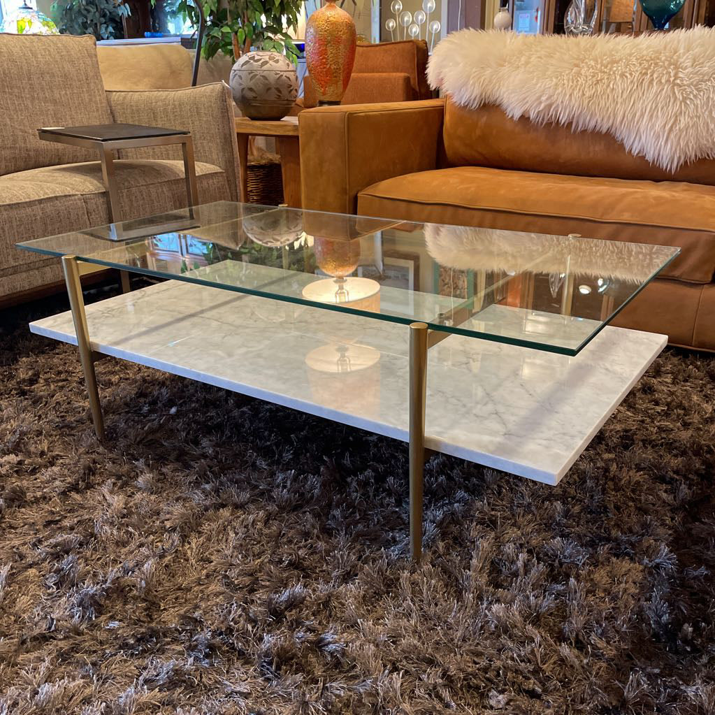 West Elm Golden Frame 2 Tier Glass & Marble Coffee Table