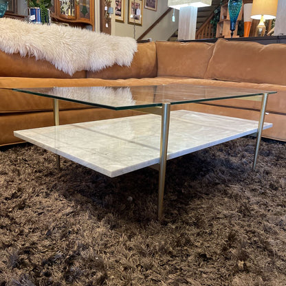 West Elm Golden Frame 2 Tier Glass & Marble Coffee Table